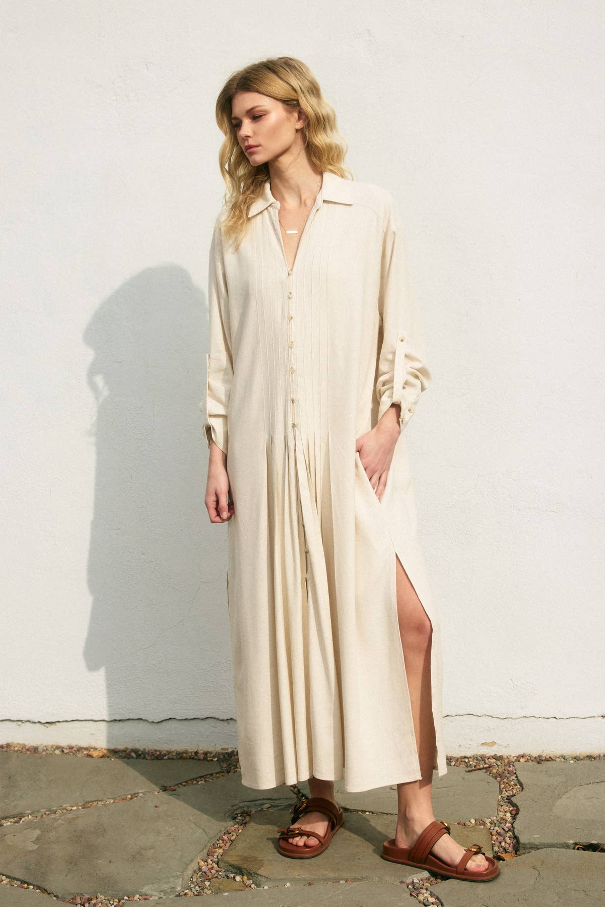 Cotton Linen Pleated Shirt Dress: Ivory