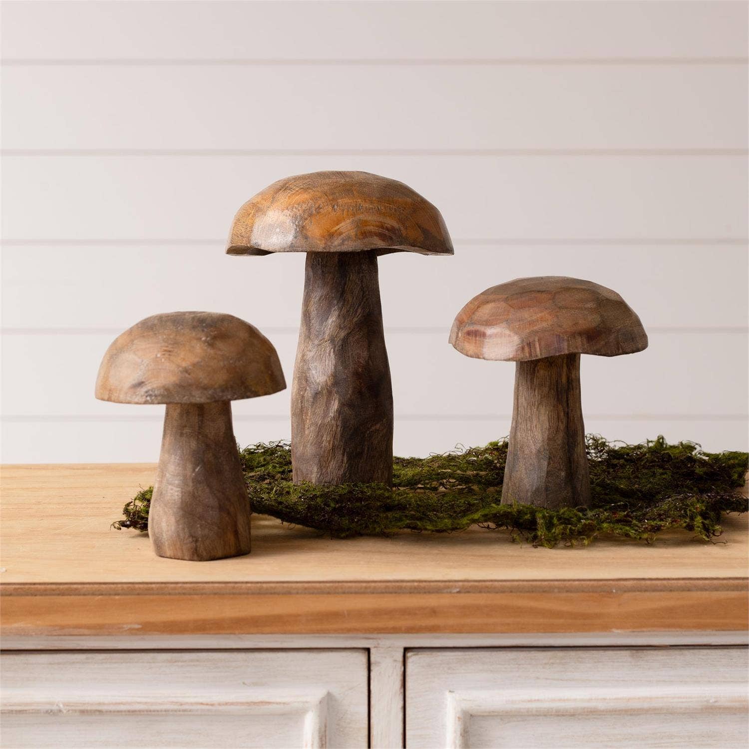 Mango Wood Carved Mushroom: Set of 3