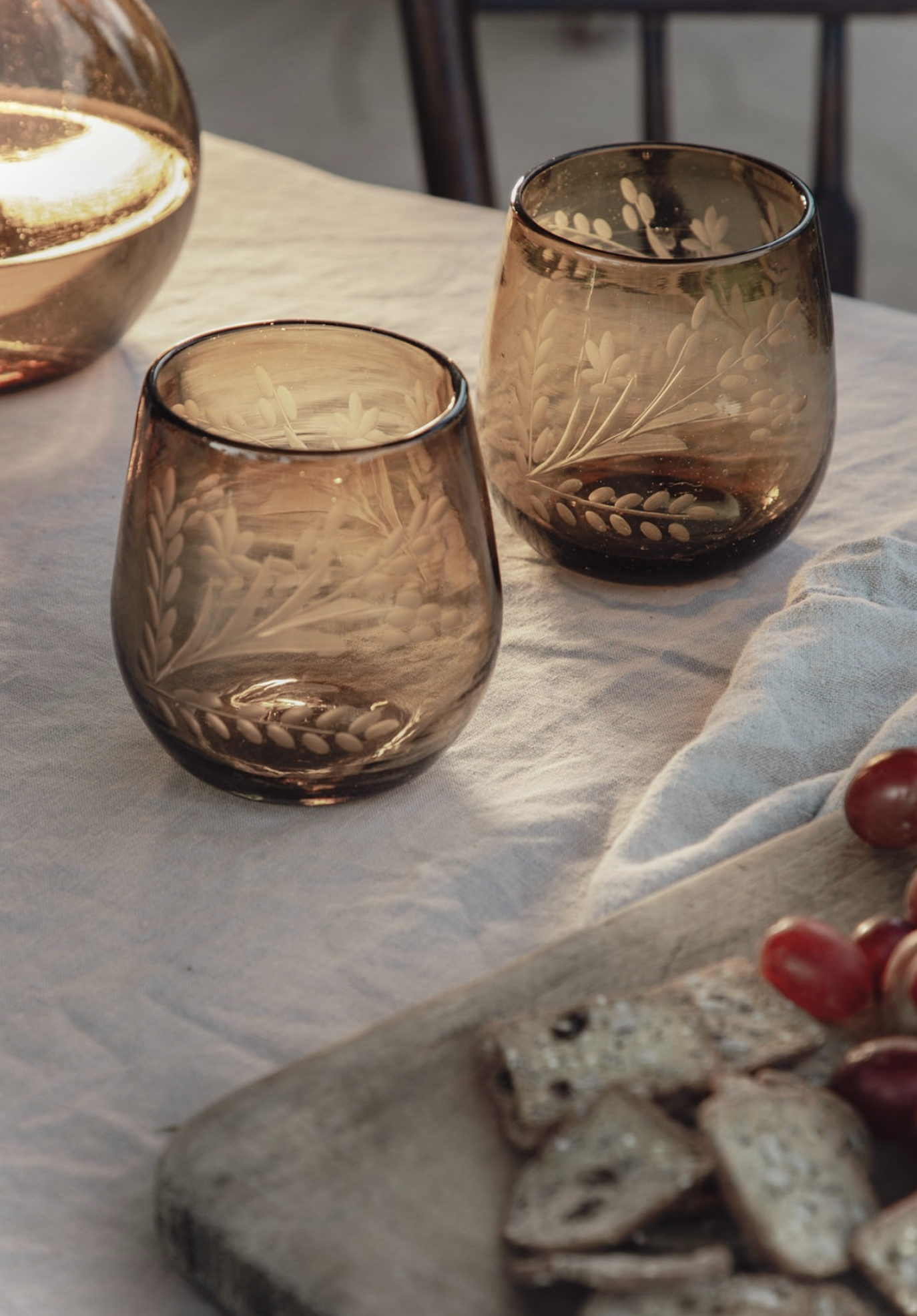 Hand-Etched Blown Oval Glass: Amber