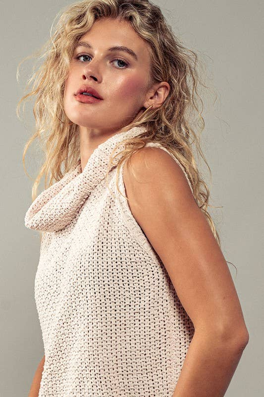 Sleeveless Cowl Neck Crochet Top: Cream