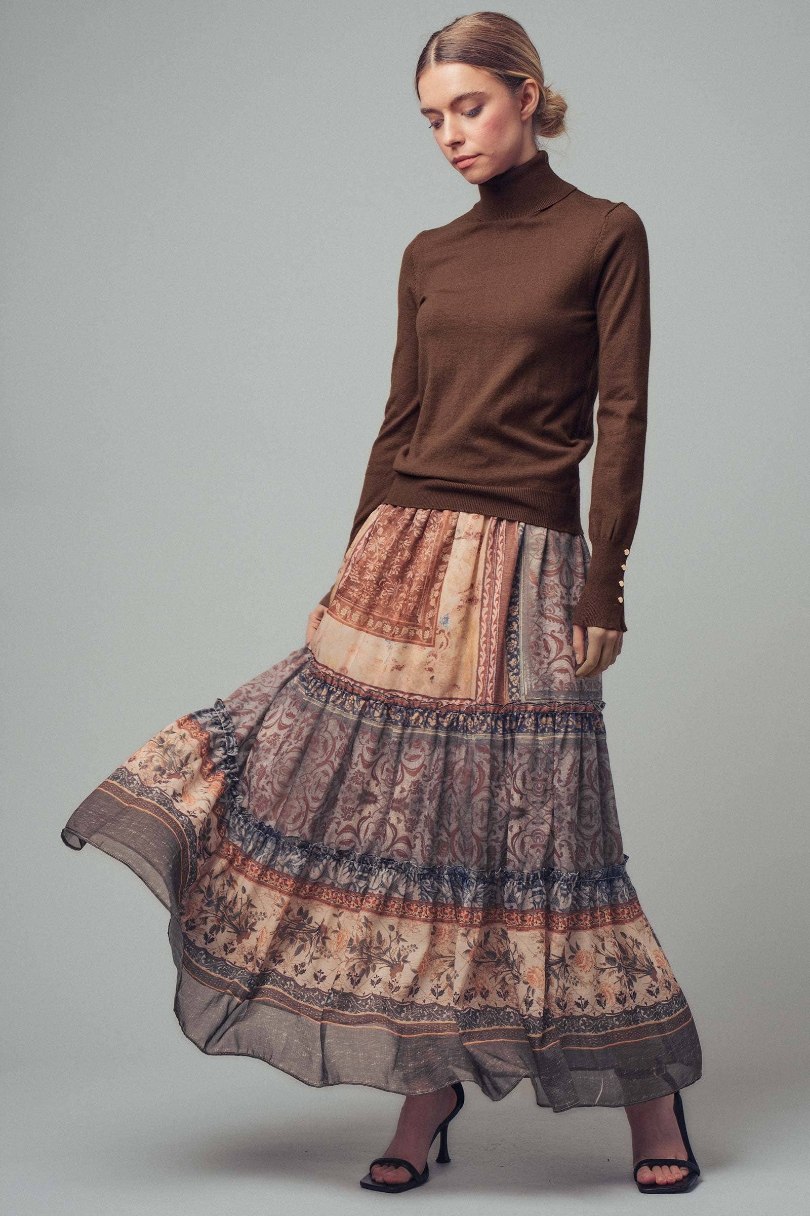 Gold Button Fitted Turtleneck Sweater: Brown