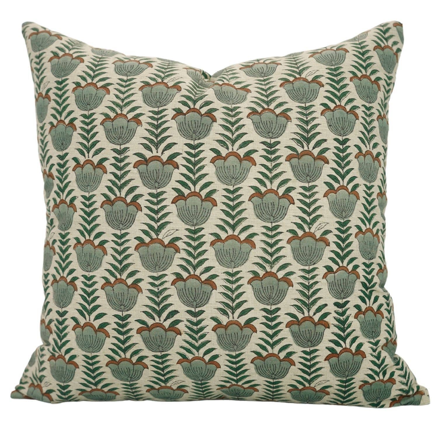 Block Print Linen Blend Pillow: Green Lotus