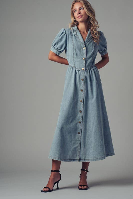 Button-Down Puff Sleeve Denim Midi Dress
