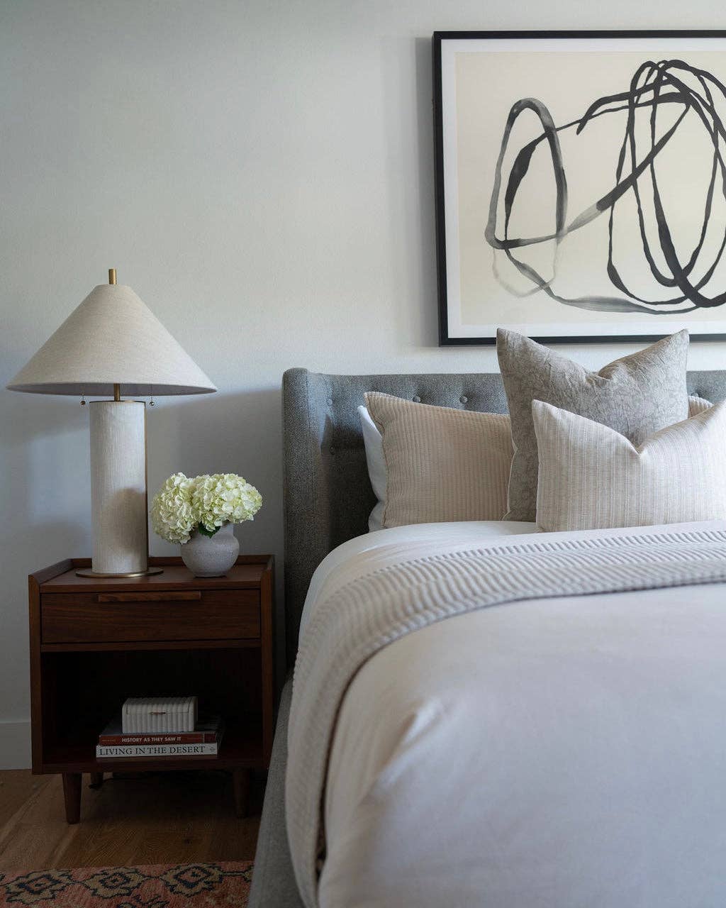 Serena Soft Greige Floral Handblock Pillow: 22x22