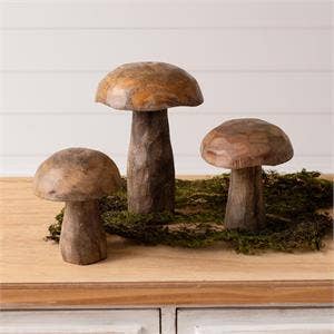 Mango Wood Carved Mushroom: Set of 3