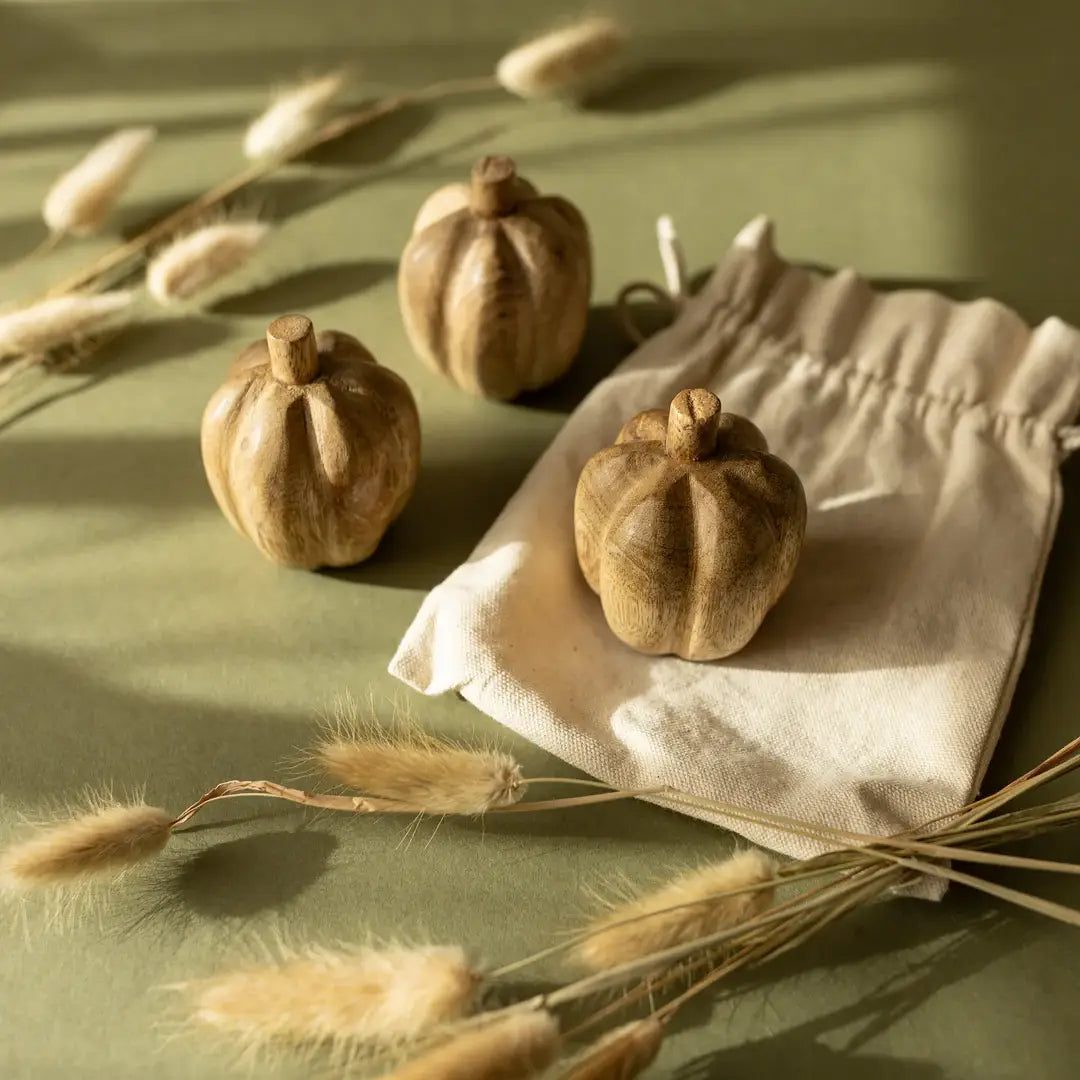 Decorative Wood Pumpkin Baubles With Cotton Bag, Set Of 3