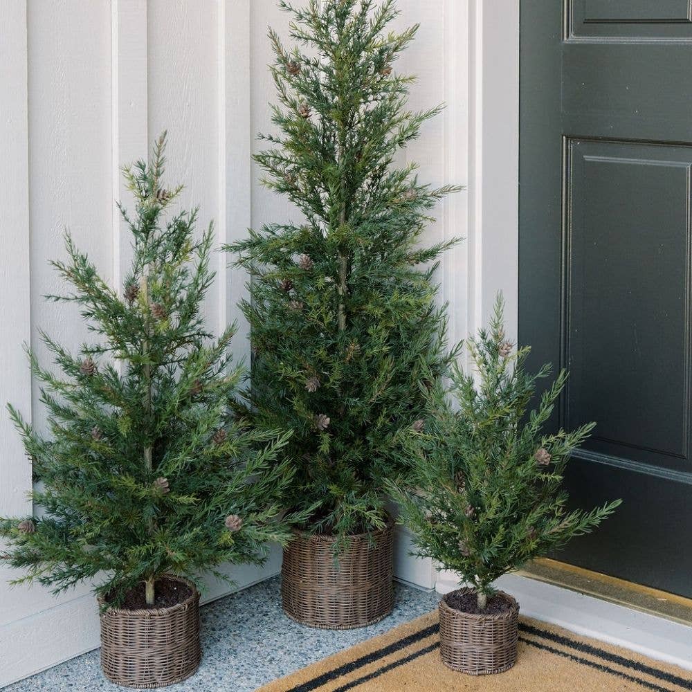 Faux Pine Tree in Woven Basket