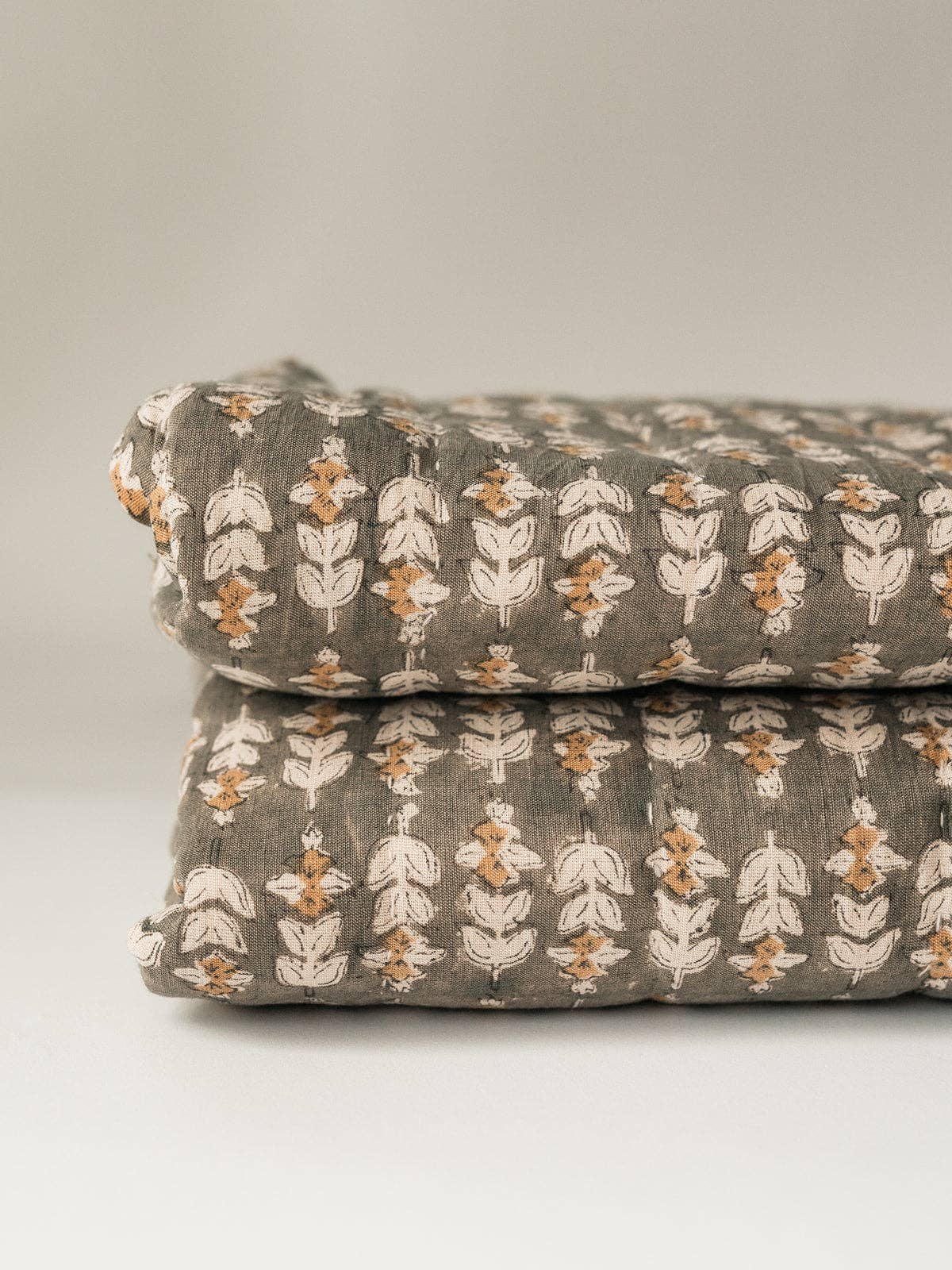 King Blossom Block Print Quilt: Olive Night