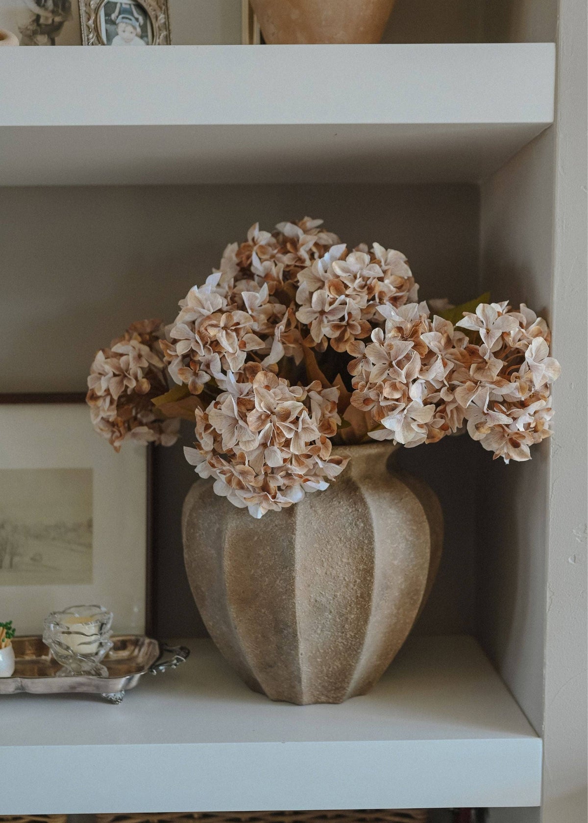 SAVE - Artificial Autumn Hydrangea Bush in Cream and Brown - 22"