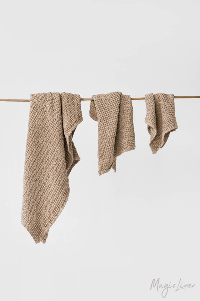 Waffle Linen Towel Set of 3 - Beige