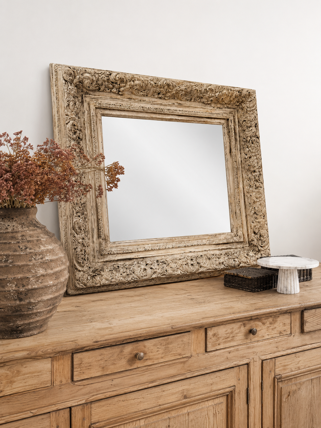 Antique Carved Mirror: Cream