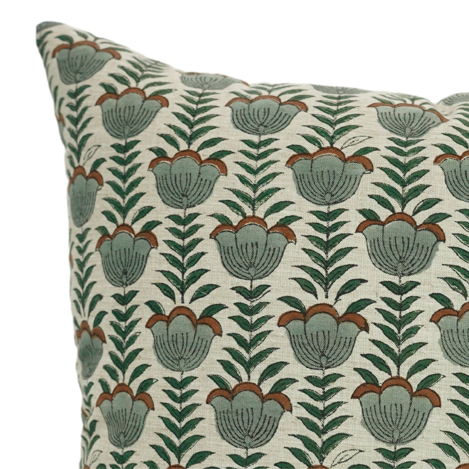 Block Print Linen Blend Pillow: Green Lotus