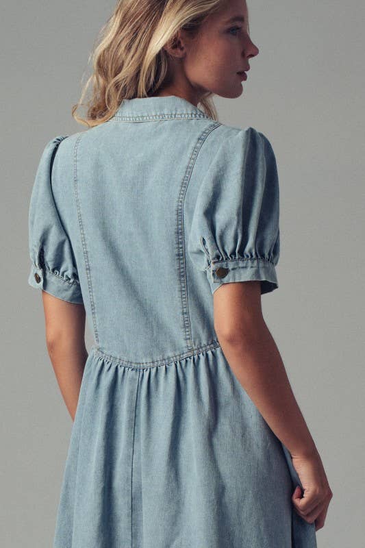 Button-Down Puff Sleeve Denim Midi Dress