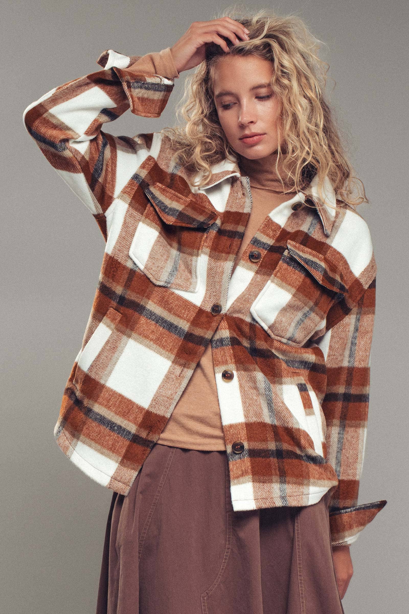 Classic Plaid Button-Down Jacket: Clay