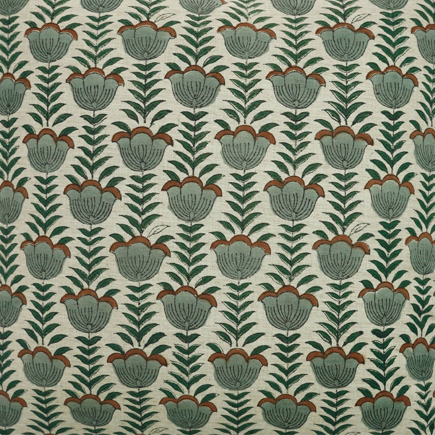 Block Print Linen Blend Pillow: Green Lotus