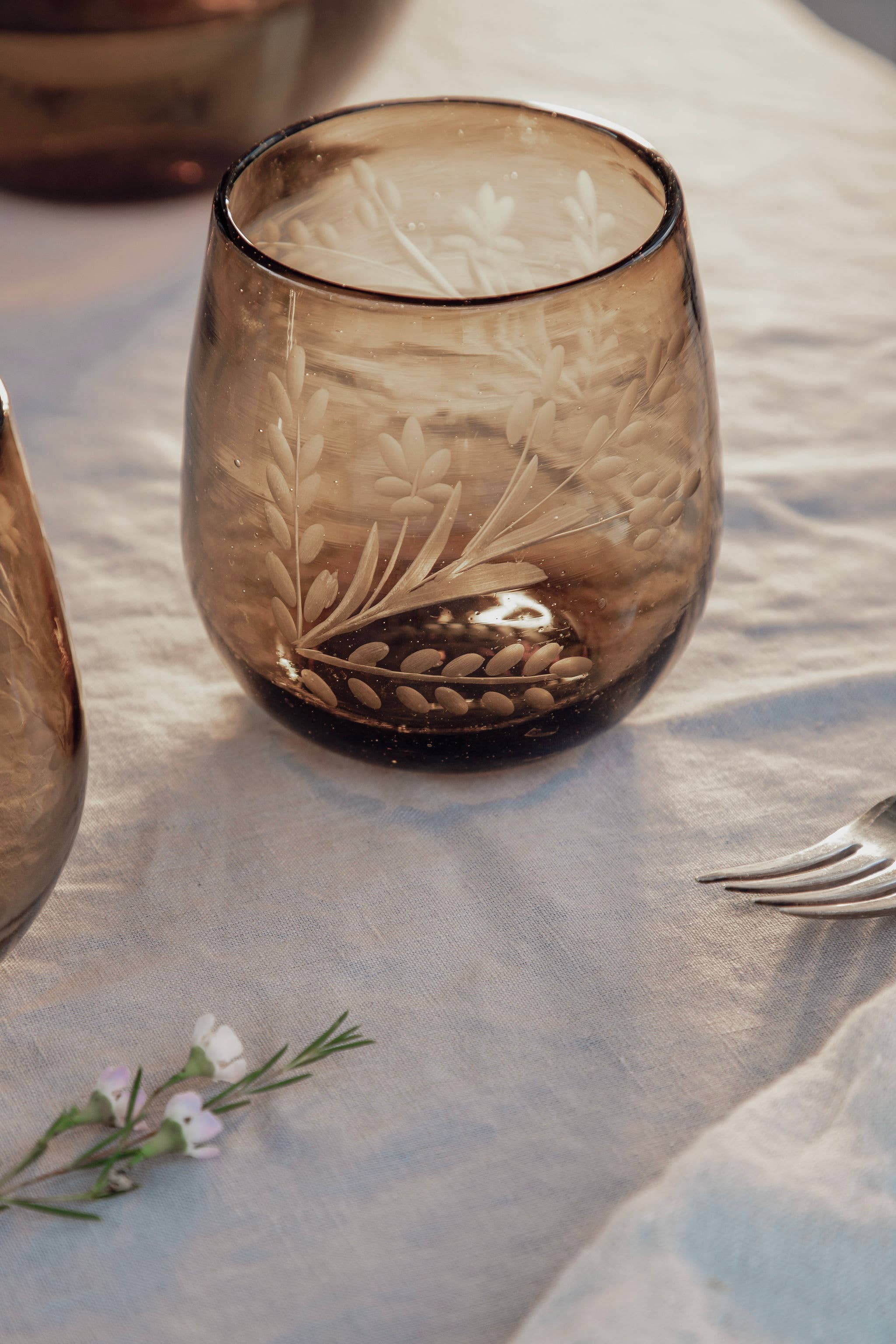 Hand-Etched Blown Oval Glass: Amber