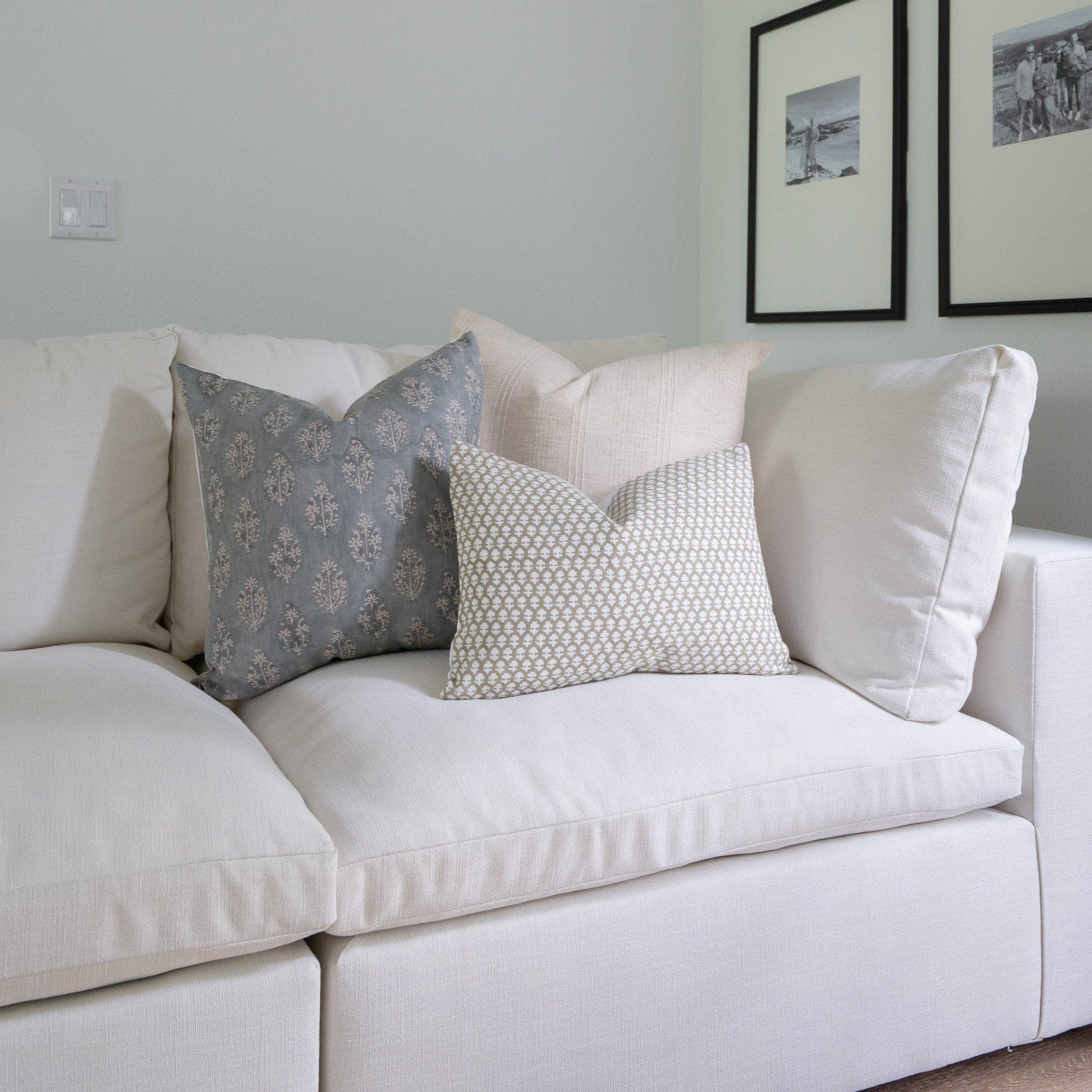 Silas Muted Blue Floral Handblock Pillow: 22x22