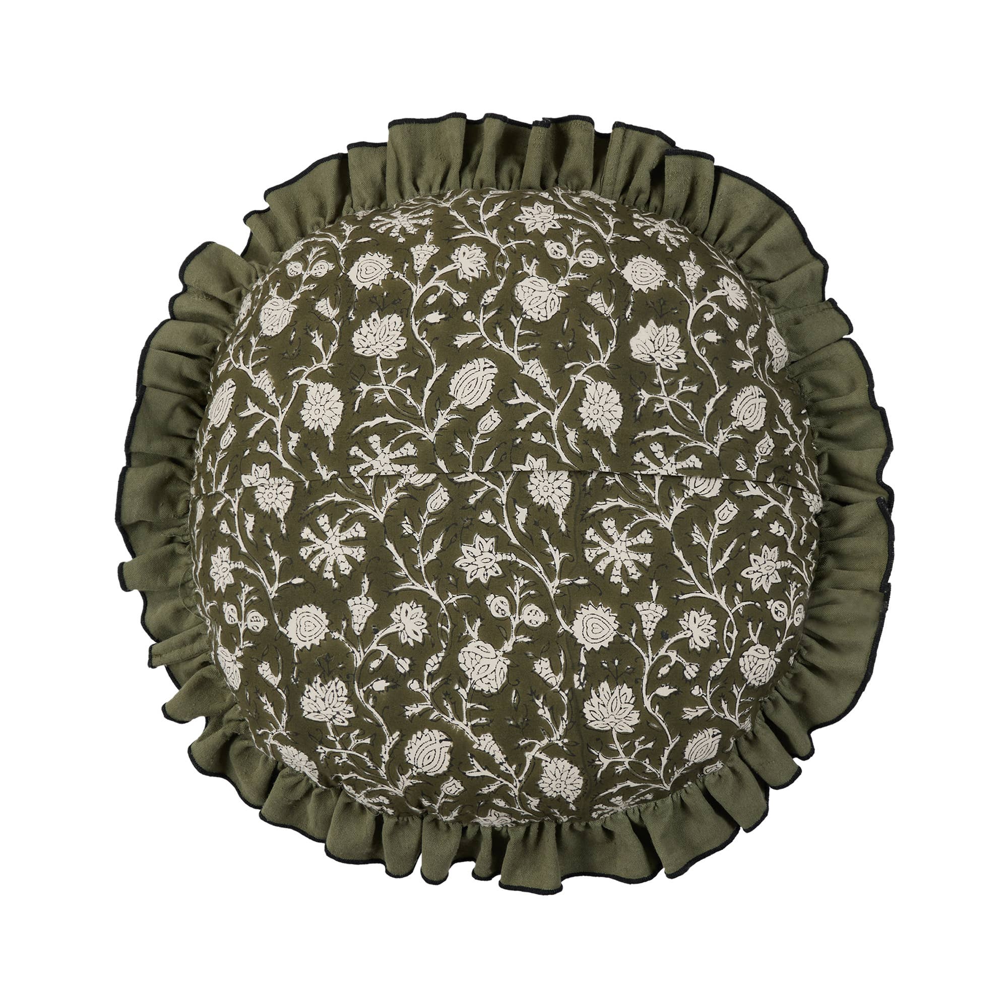 Block Print Round Ruffle Vine Pillow
