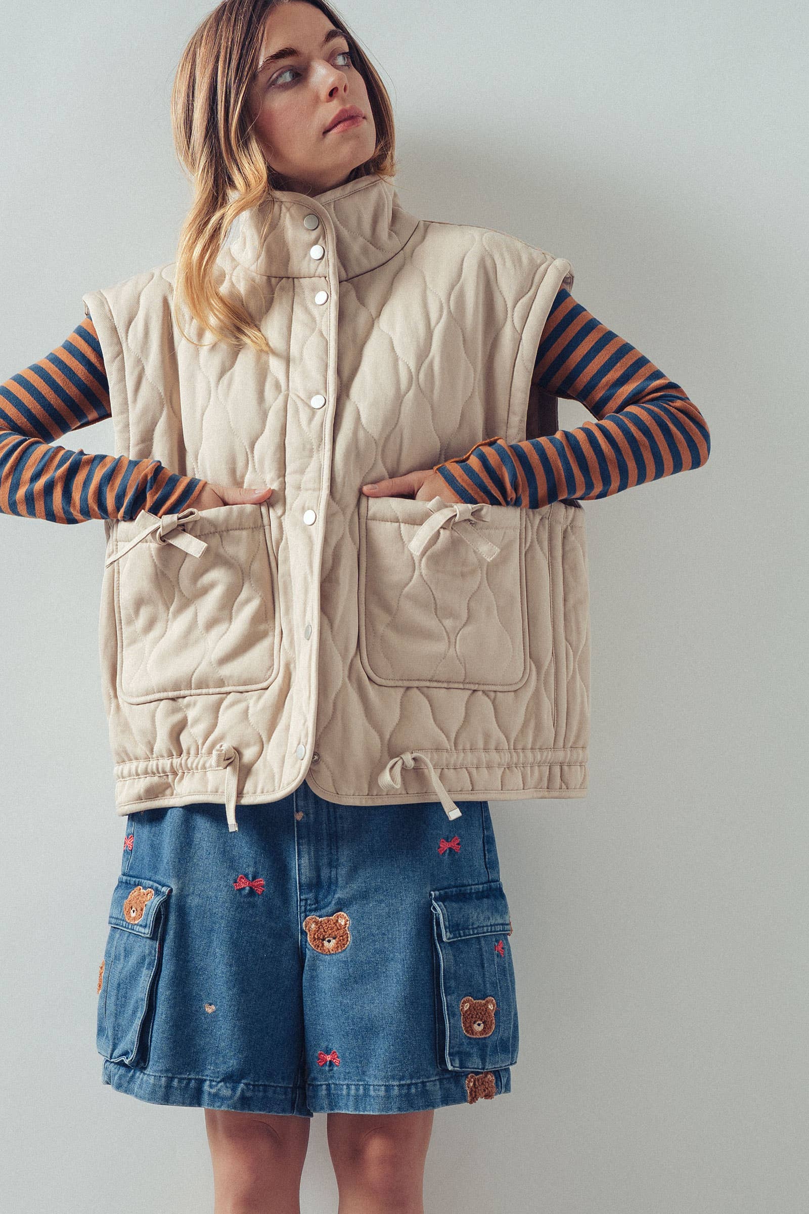 Vintage Washed Quilted Padded Vest: Cream