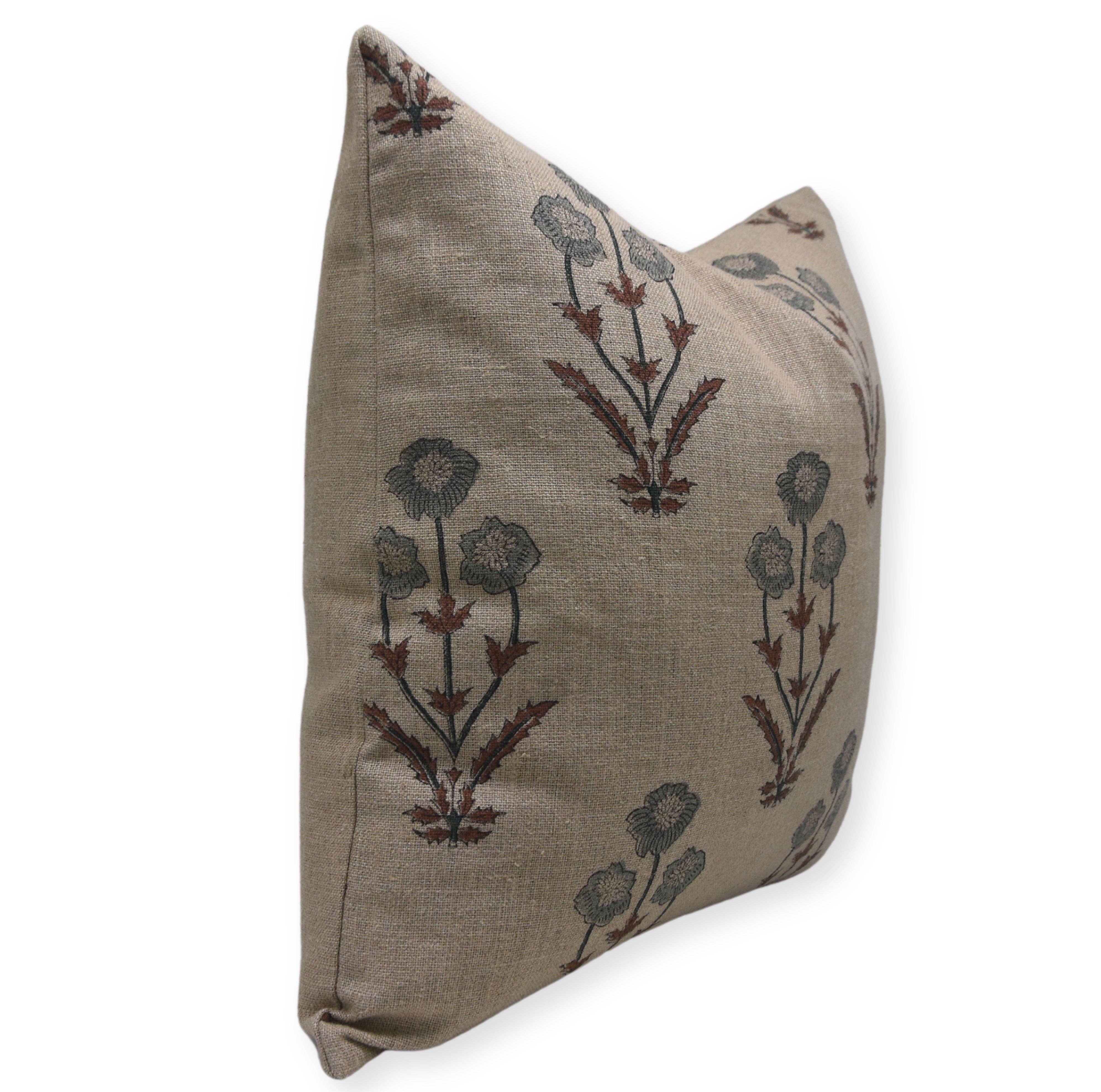 Block Print Linen Blend Pillow: Beige & Blue Amitabh