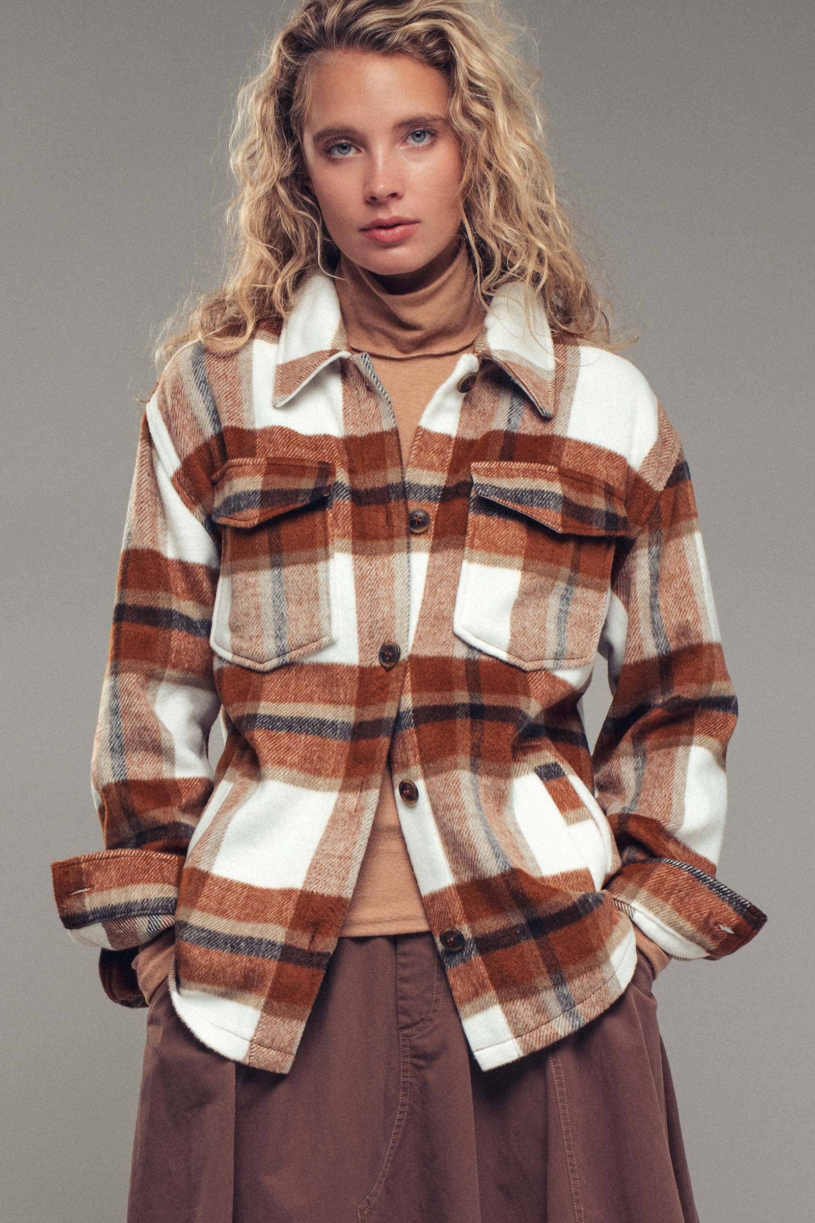 Classic Plaid Button-Down Jacket: Clay