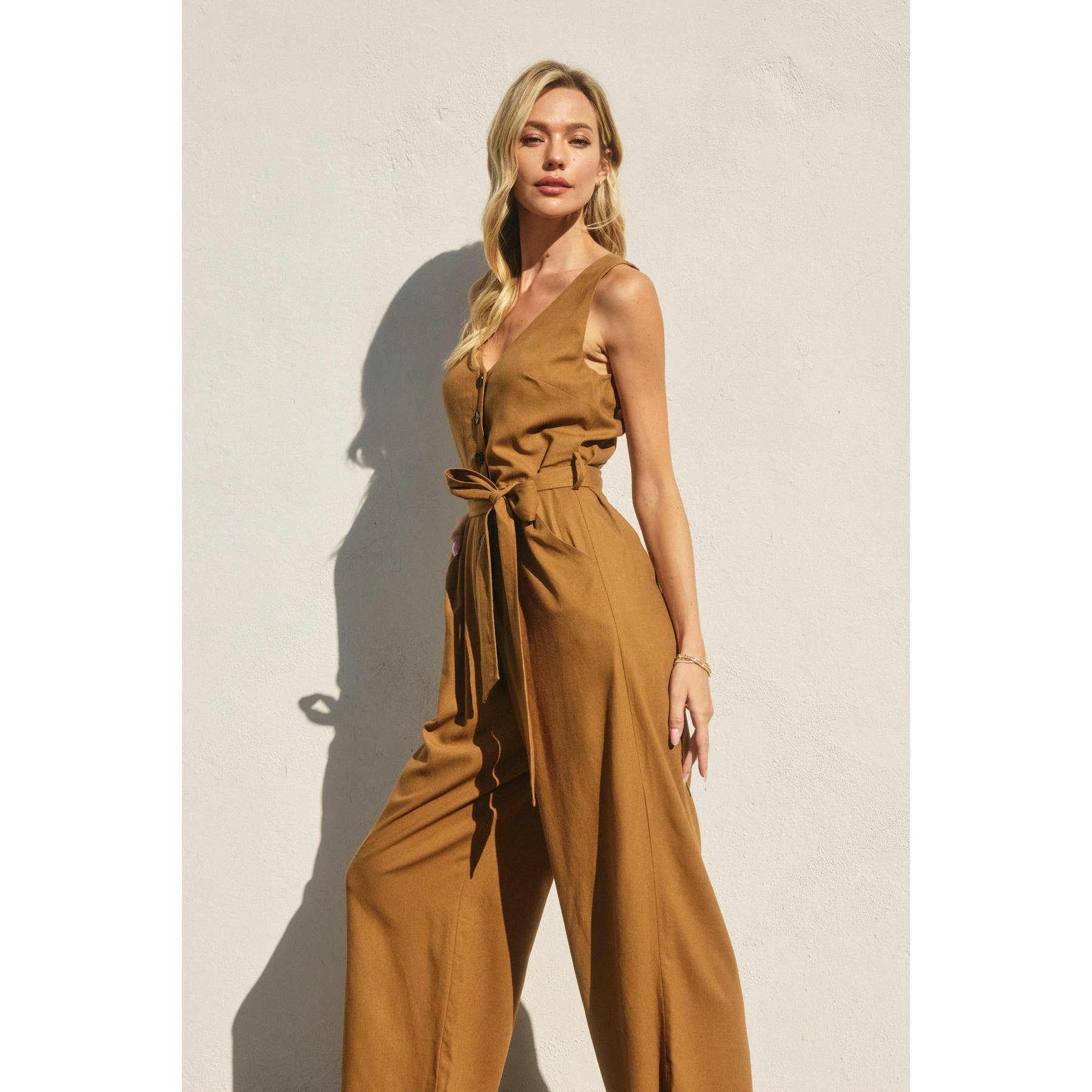 Belted Jumpsuit: Golden Palm
