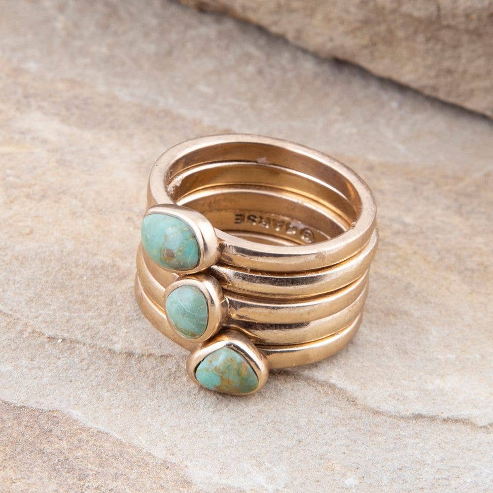 Blue Turquoise Golden Stacking Ring Set: Size 8