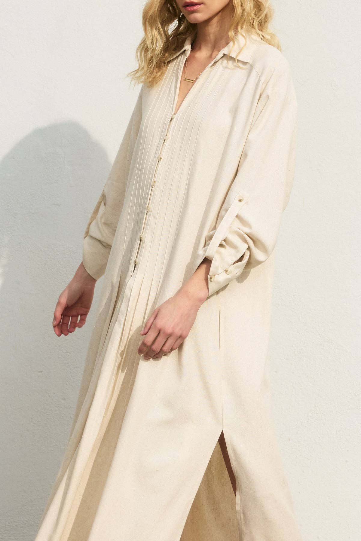 Cotton Linen Pleated Shirt Dress: Ivory