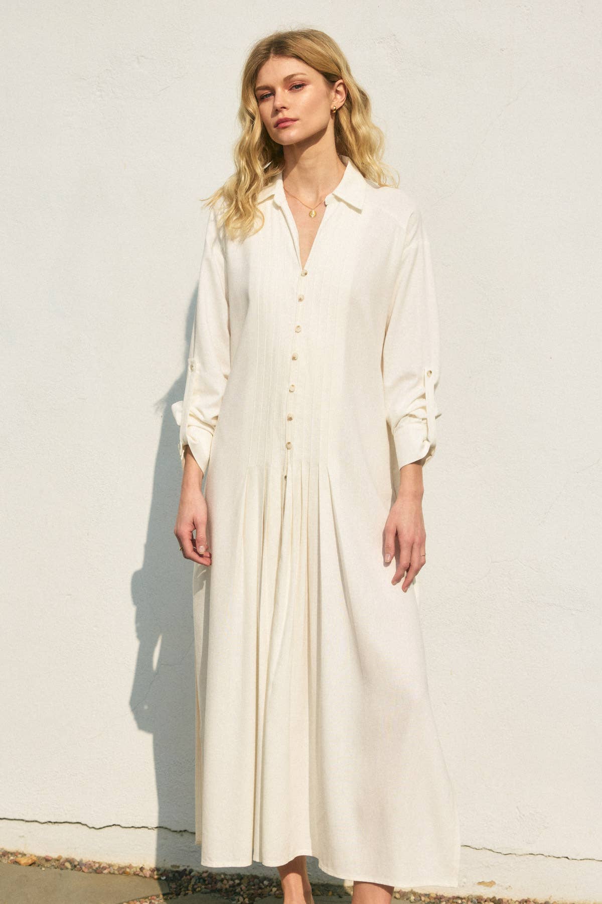 Cotton Linen Pleated Shirt Dress: Ivory