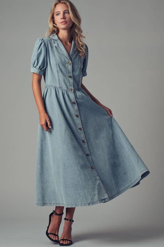 Button-Down Puff Sleeve Denim Midi Dress