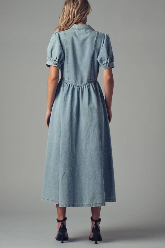 Button-Down Puff Sleeve Denim Midi Dress