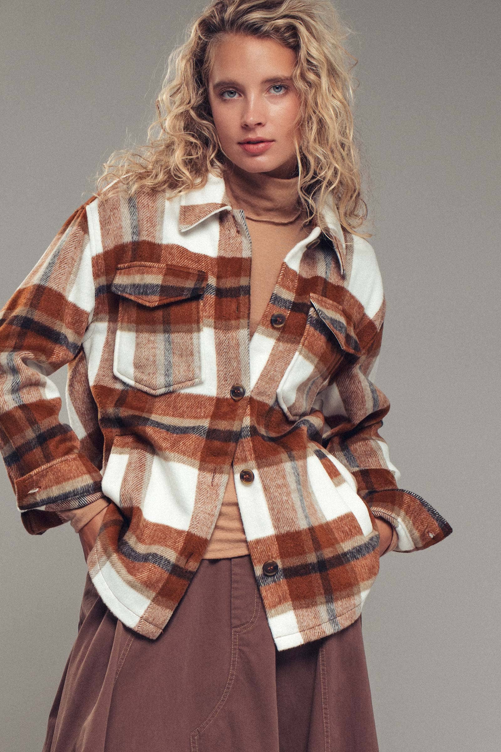Classic Plaid Button-Down Jacket: Clay