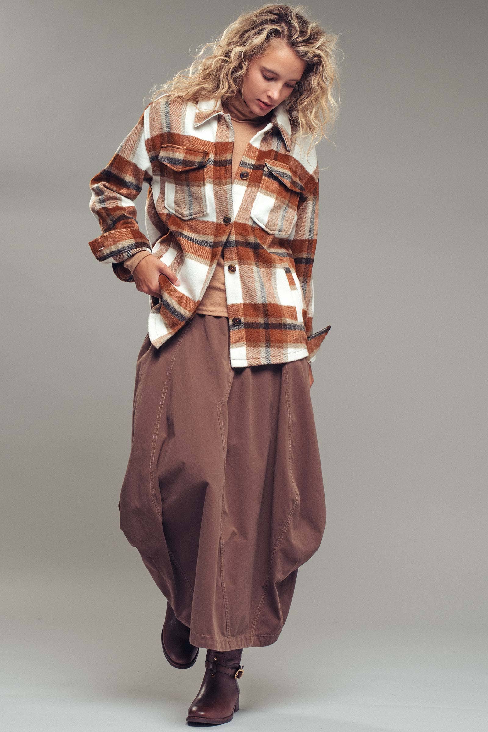 Classic Plaid Button-Down Jacket: Clay